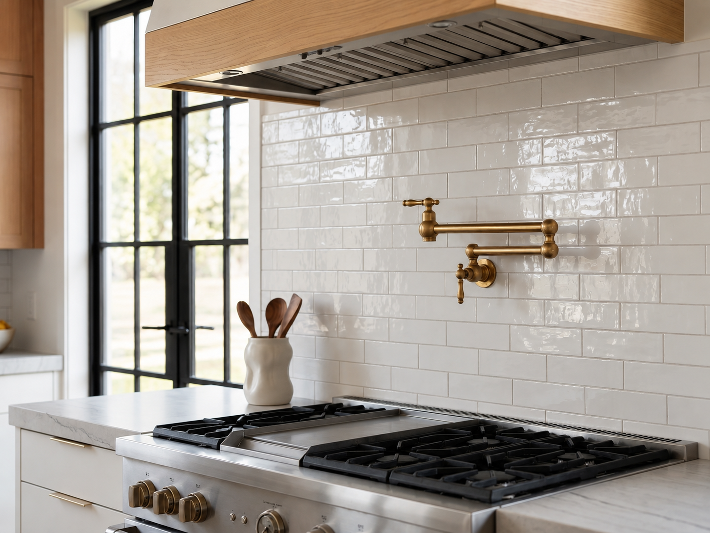 Solid brass wall-mounted pot filler faucet installed above a gas range with glossy white subway tile backsplash and natural wood range hood.