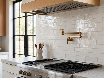 Solid brass wall-mounted pot filler faucet installed above a gas range with glossy white subway tile backsplash and natural wood range hood.