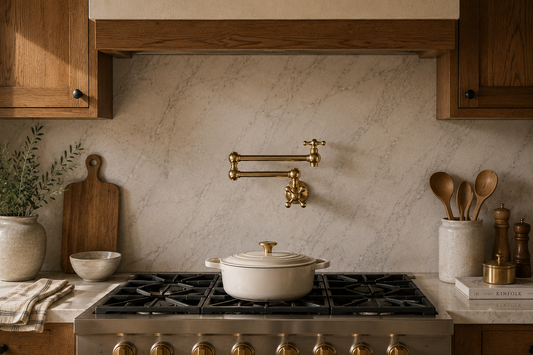 Traditional unlacquered brass pot filler faucet mounted above a professional cooktop in a luxury kitchen with marble backsplash and wooden accents.
