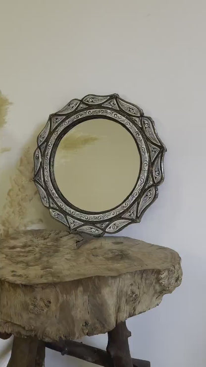 Miroir marocain - Miroir rond avec incrustations d'os blanc