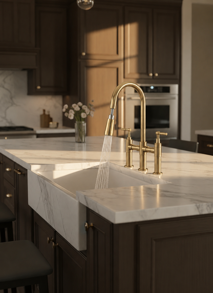 A modern kitchen scene with a tall brushed brass faucet running water into a white farmhouse sink set into a white marble countertop, surrounded by dark wood cabinetry.