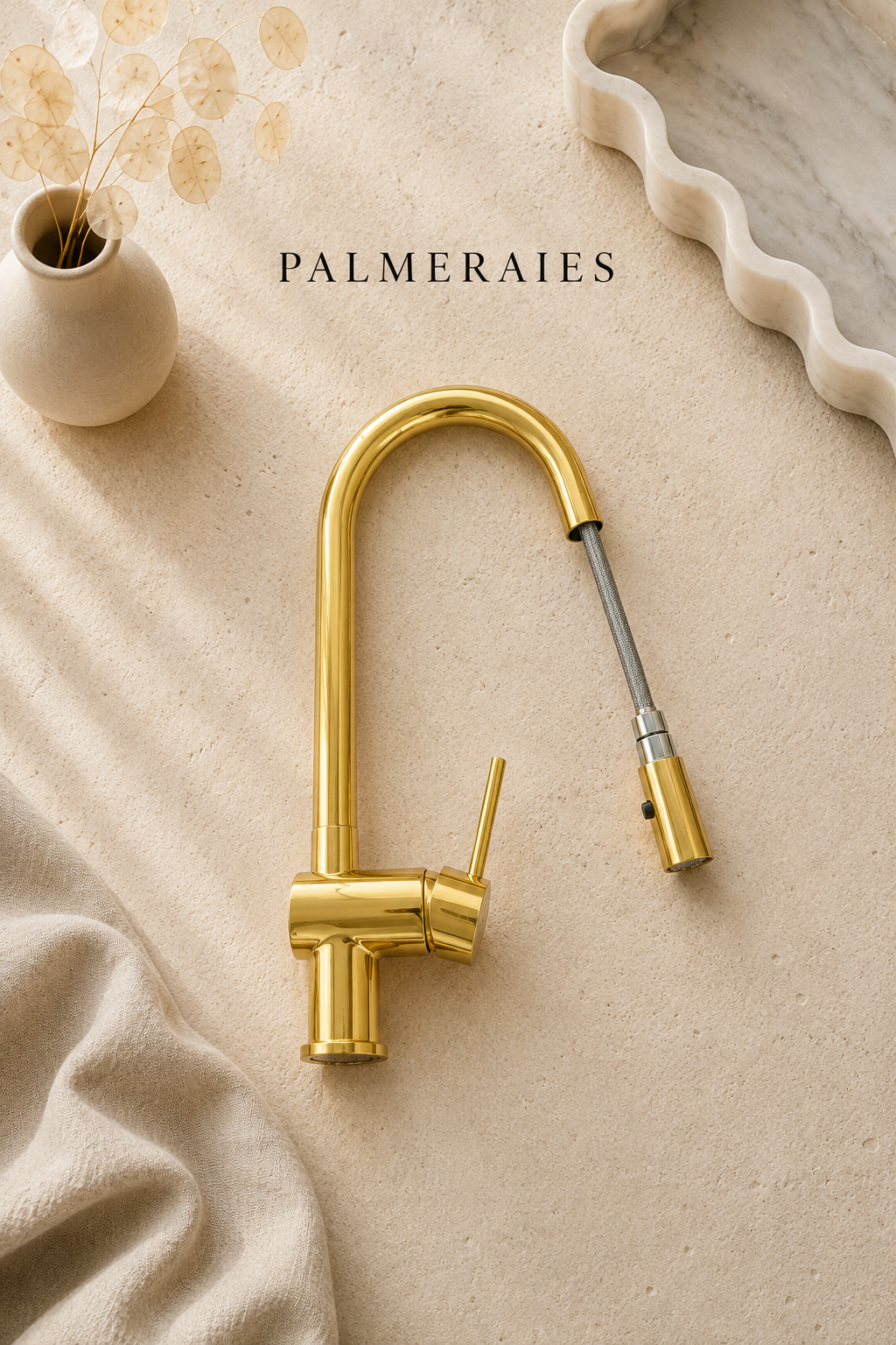 A polished gold pull-down kitchen faucet with a single lever handle, styled on a beige textured surface with a small vase, draped fabric, and a wavy ceramic dish. The brand name PALMERAIES is printed above the faucet.