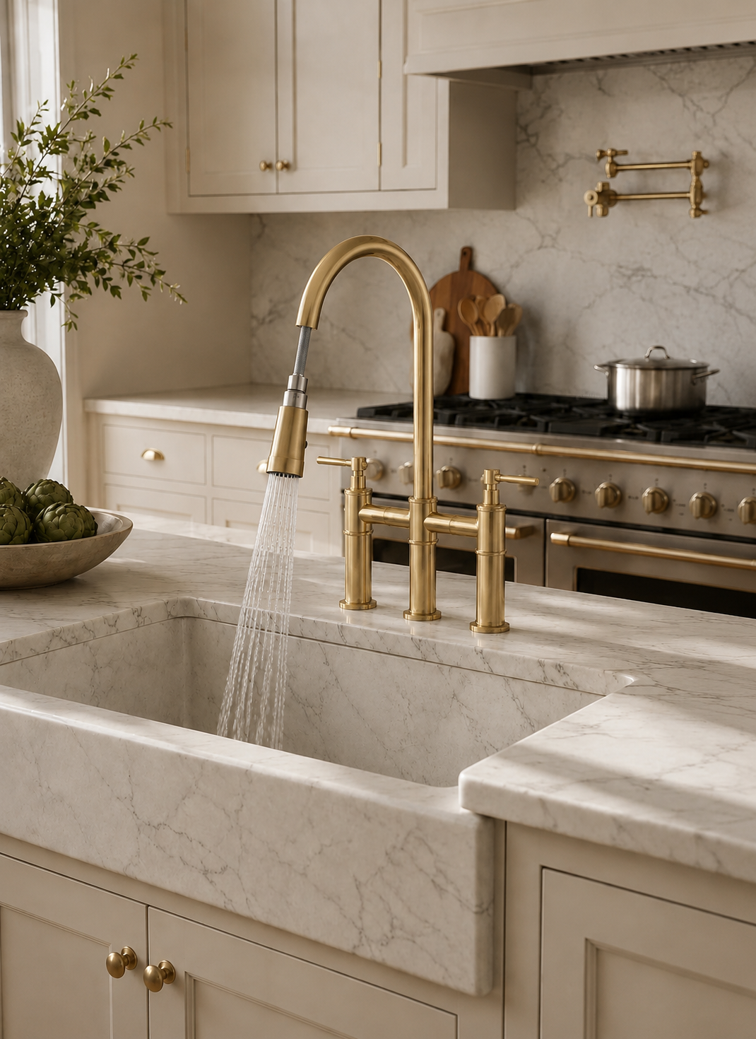 A modern kitchen scene featuring a polished gold double-hose faucet with water running from the pull-down sprayer, installed in a white marble farmhouse sink with cream cabinets and marble backsplash.