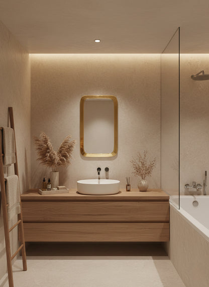 Brass mirror in warm modern bathroom
