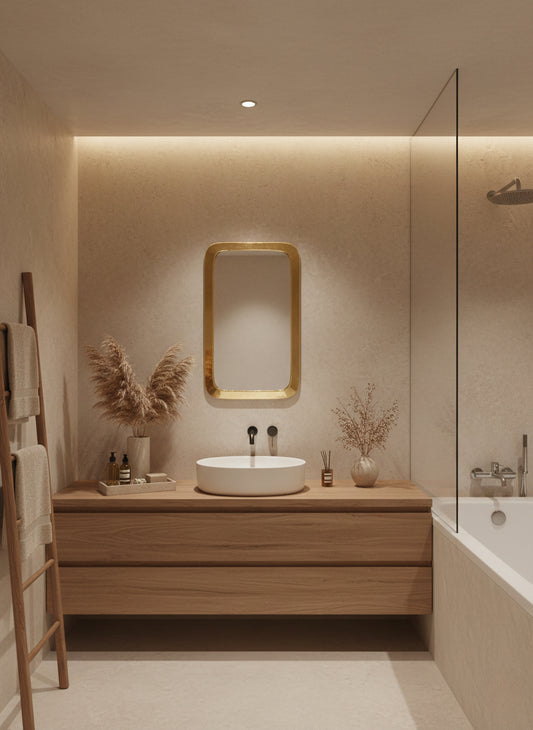 Brass mirror in warm modern bathroom