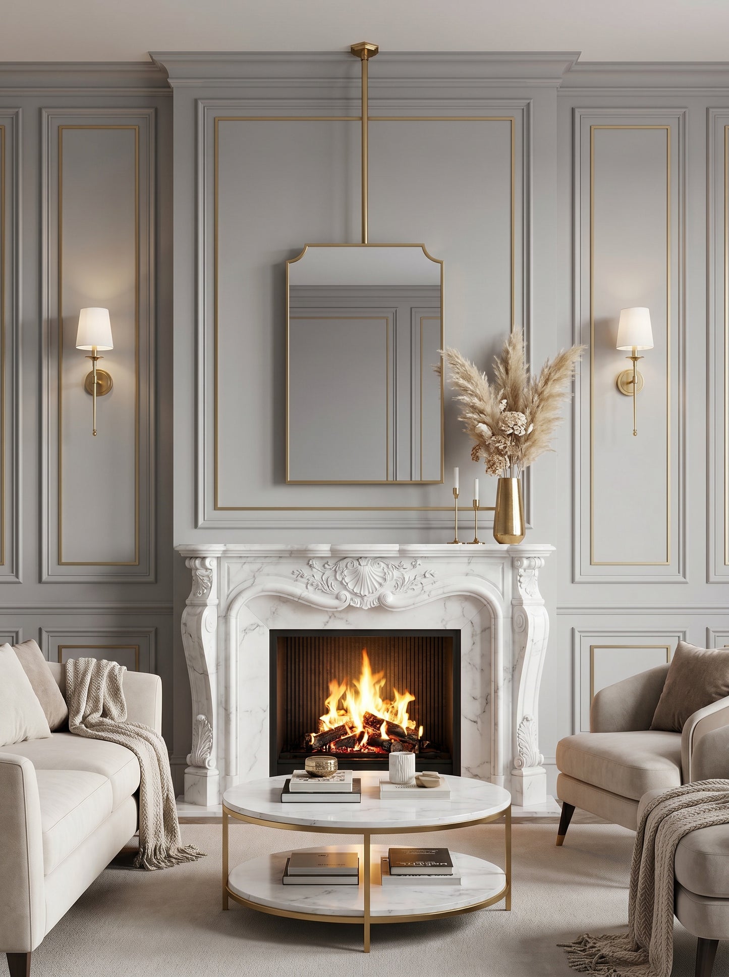 Suspended brass mirror above marble fireplace in elegant living room.