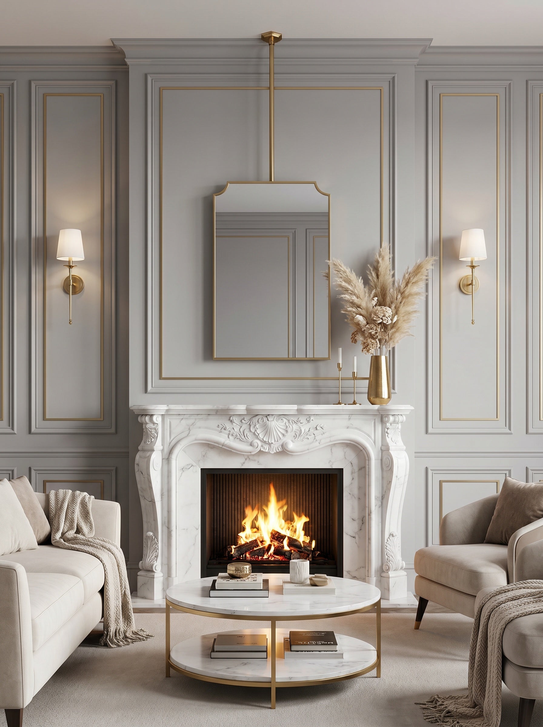 Suspended brass mirror above marble fireplace in elegant living room.