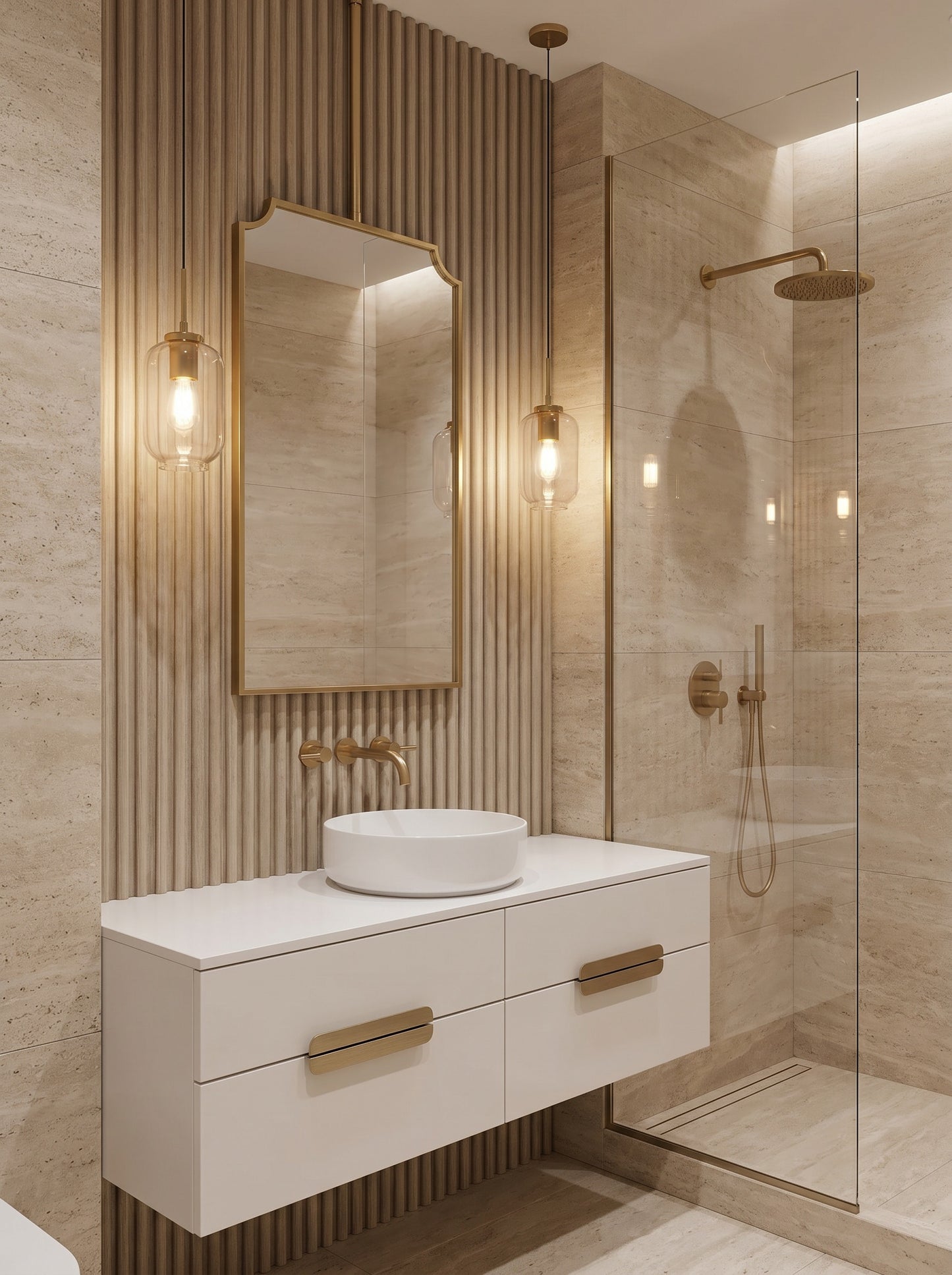 Ceiling mounted brass mirror above modern bathroom vanity.