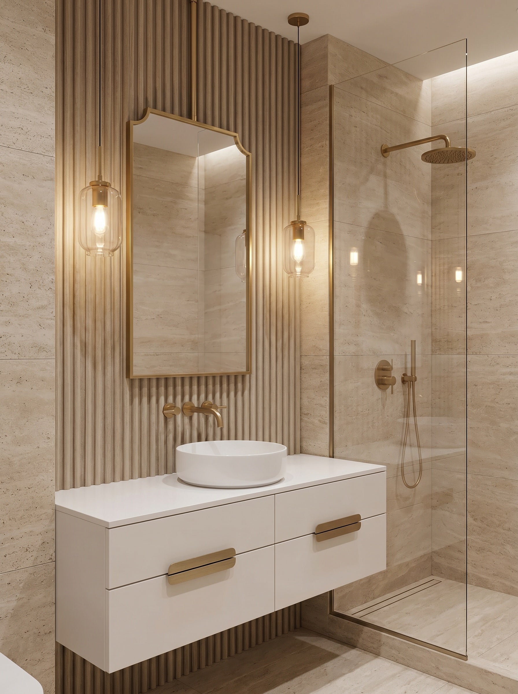 Ceiling mounted brass mirror above modern bathroom vanity.