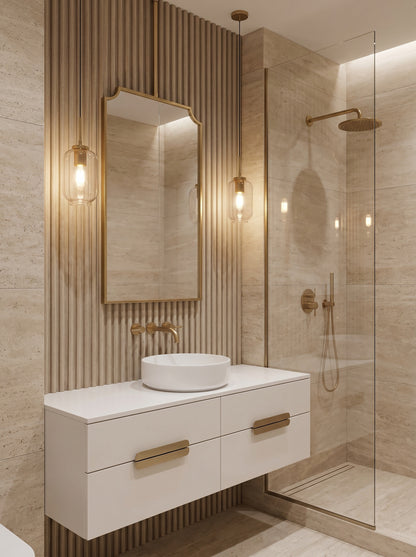 Ceiling mounted brass mirror above modern bathroom vanity.