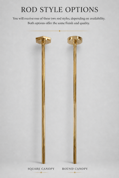 Two gold-toned metal rod options labeled 'Square Canopy' and 'Round Canopy' on a light gray background, with text at the top reading 'Rod Style Options' and explanatory copy.
