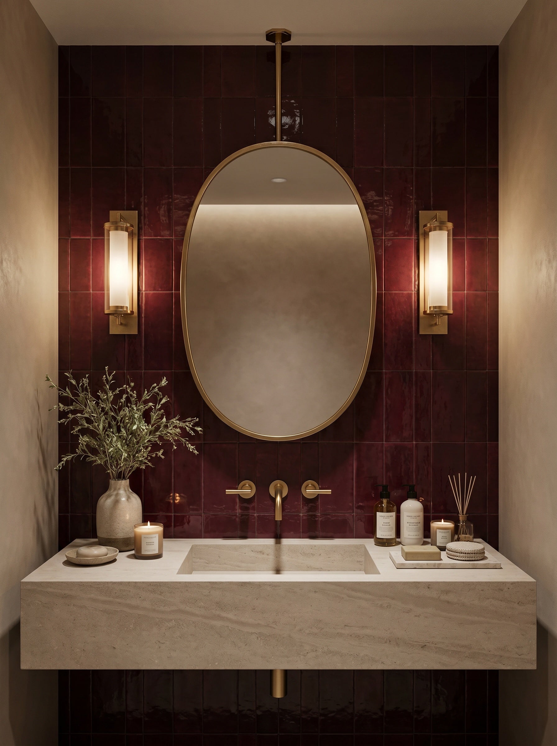 Suspended oval brass mirror above a stone vanity with burgundy zellige tiles and wall-mounted brass faucet.