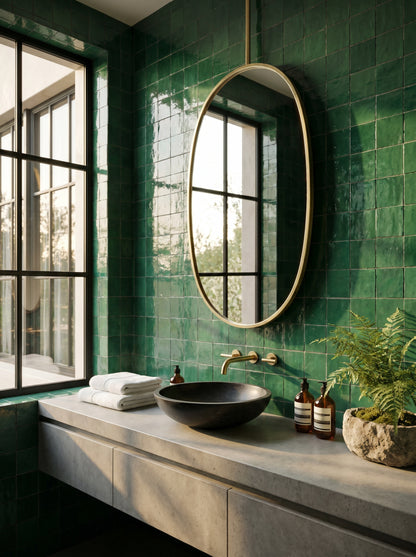Hanging oval brass mirror in a luxury bathroom with emerald green zellige tiles and a black vessel sink.