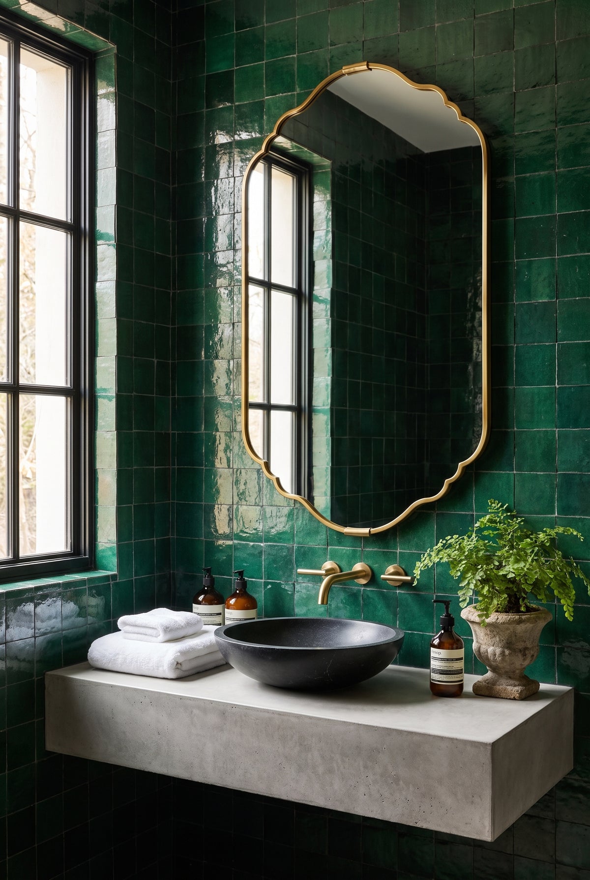 A modern bathroom vanity with glossy dark green tiled walls, a large gold-framed mirror, a floating concrete sink, a black vessel basin, brass fixtures, folded white towels, and a potted green plant.