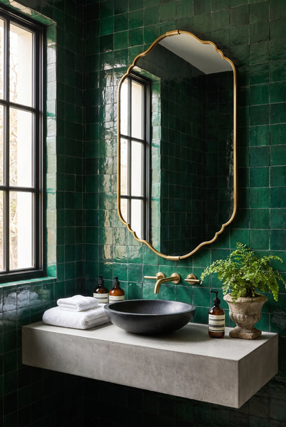 A modern bathroom vanity with glossy dark green tiled walls, a large gold-framed mirror, a floating concrete sink, a black vessel basin, brass fixtures, folded white towels, and a potted green plant.