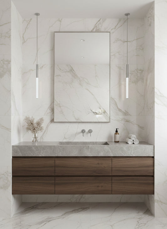 Triangle brass mirror over marble vanity with pendant lights