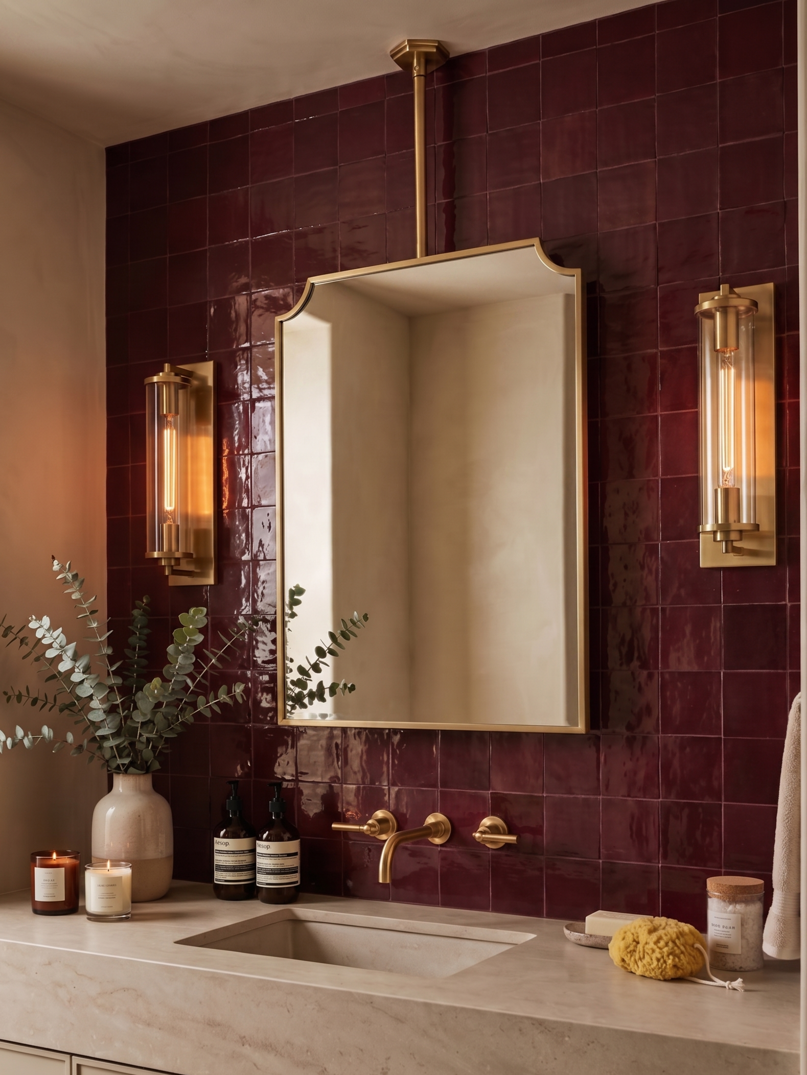 Hanging brass mirror with scalloped corners in a luxury bathroom with burgundy zellige tiles and brass fixtures.