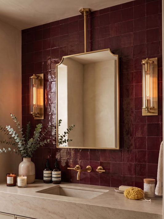 Hanging brass mirror with scalloped corners in a luxury bathroom with burgundy zellige tiles and brass fixtures.