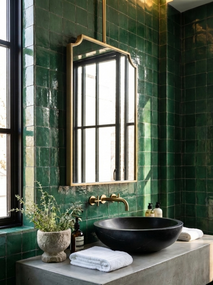 Suspended brass mirror with curved corners above a floating concrete vanity with emerald green zellige tiles.