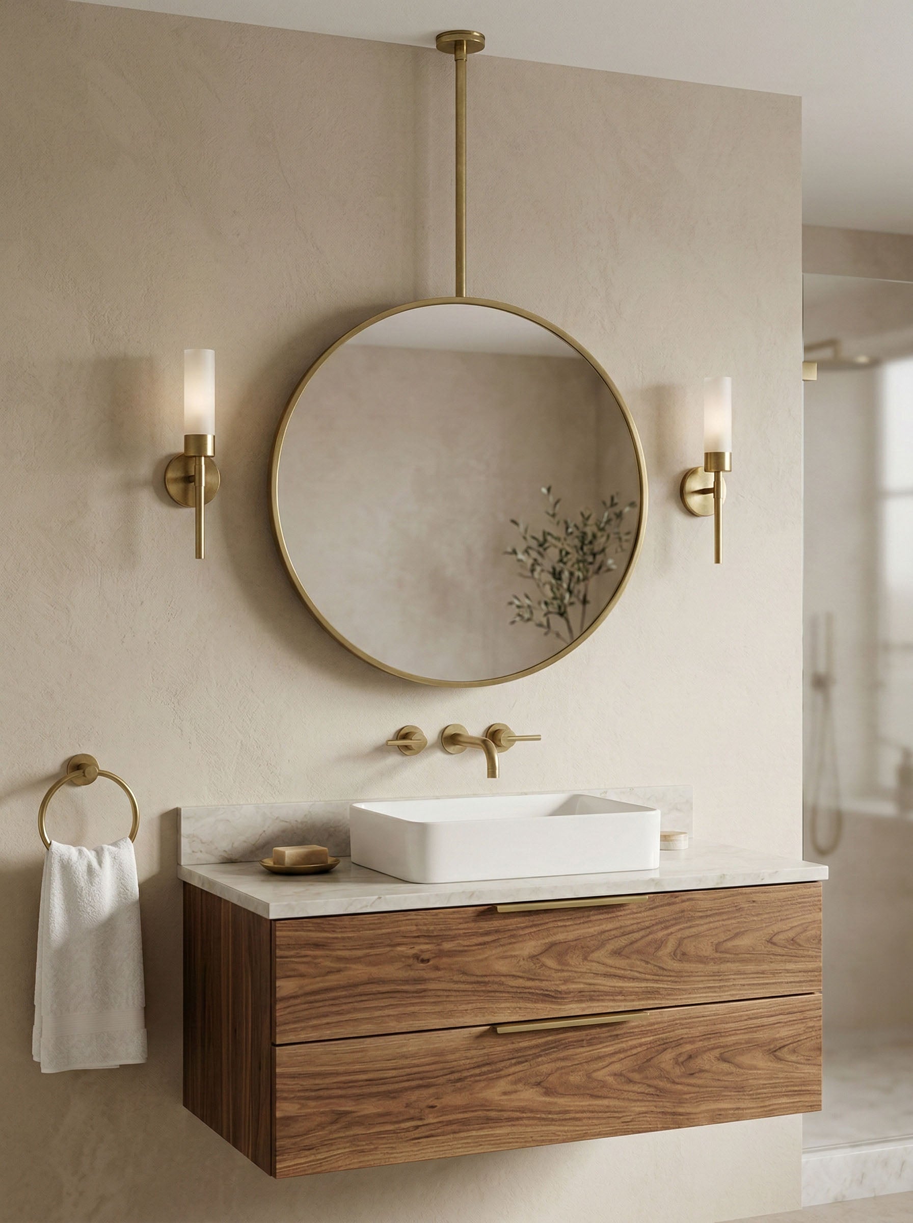 Modern ceiling mounted round mirror with brass frame and wood vanity