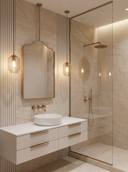 Ceiling-mounted brass mirror with arched crest silhouette in a luxury bathroom.
