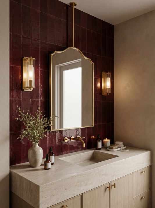 Suspended brass arch mirror above a stone vanity with burgundy zellige tiles and wall-mounted brass faucet.