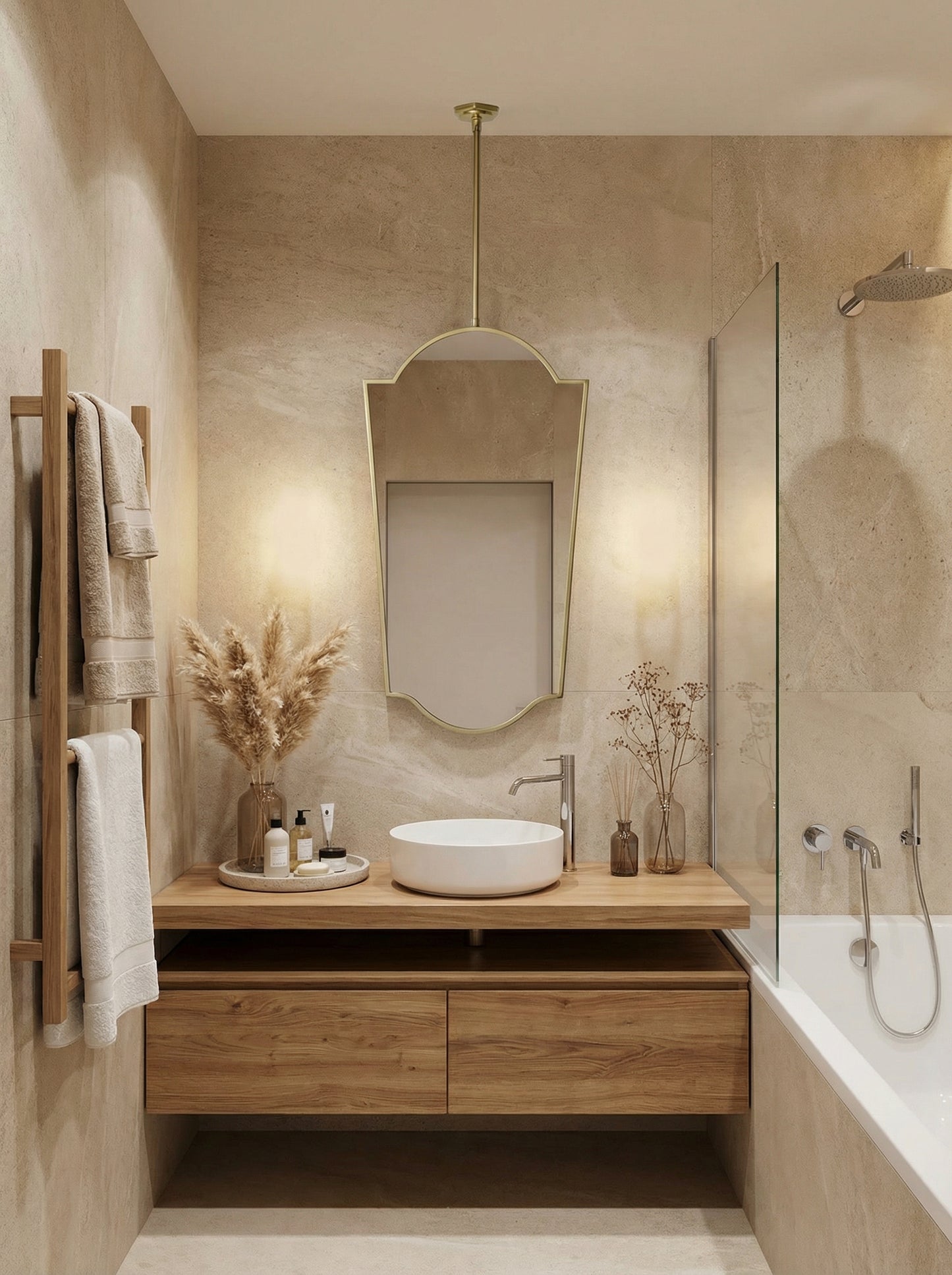 Suspended crown arch brass mirror above modern bathroom vanity