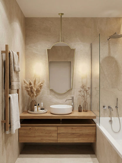 Suspended crown arch brass mirror above modern bathroom vanity