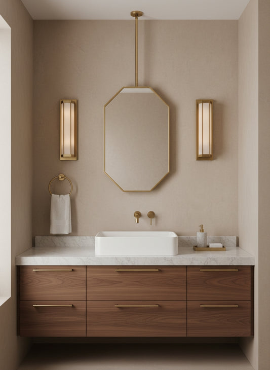 Octagonal brass hanging mirror above walnut vanity with marble countertop