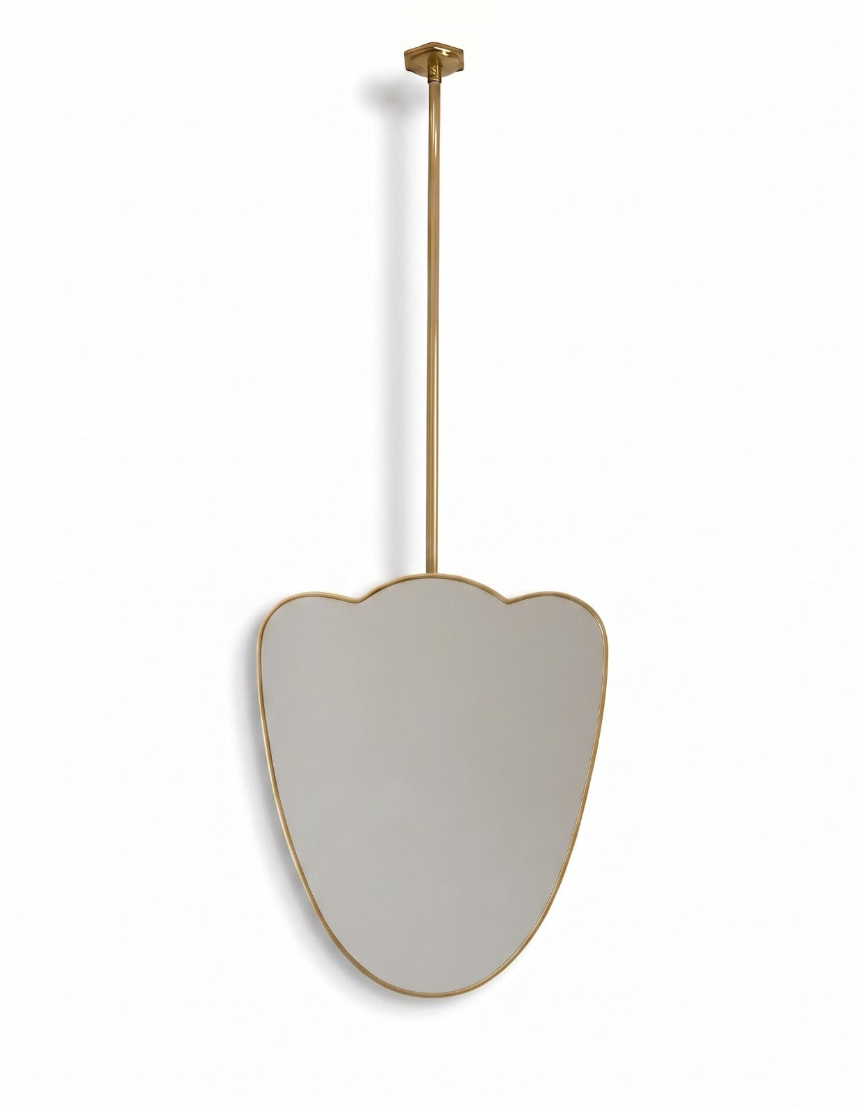 Handmade suspended scalloped brass mirror with slim gold frame on a white background.