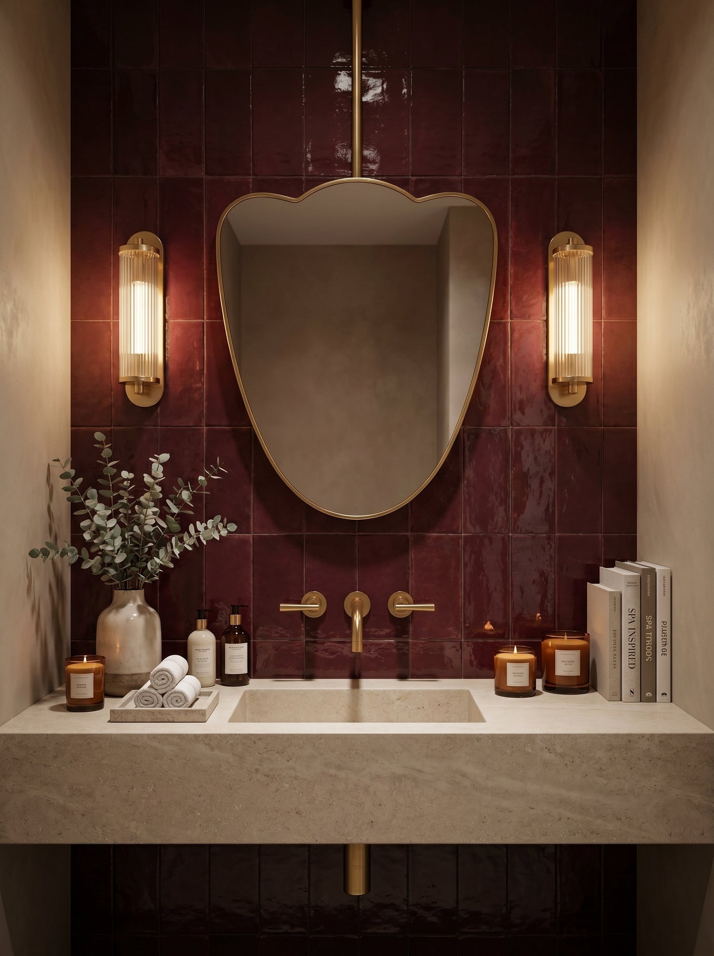 Luxury ceiling-mounted brass mirror with sculptural silhouette against glossy burgundy tiles and brass fixtures.