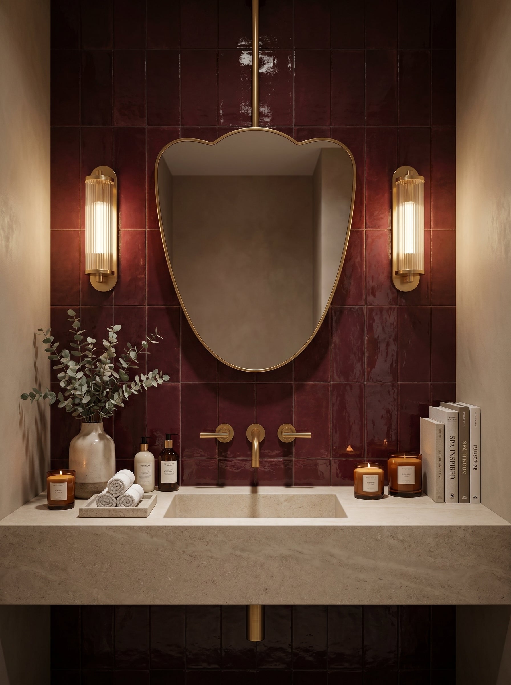 Luxury ceiling-mounted brass mirror with sculptural silhouette against glossy burgundy tiles and brass fixtures.