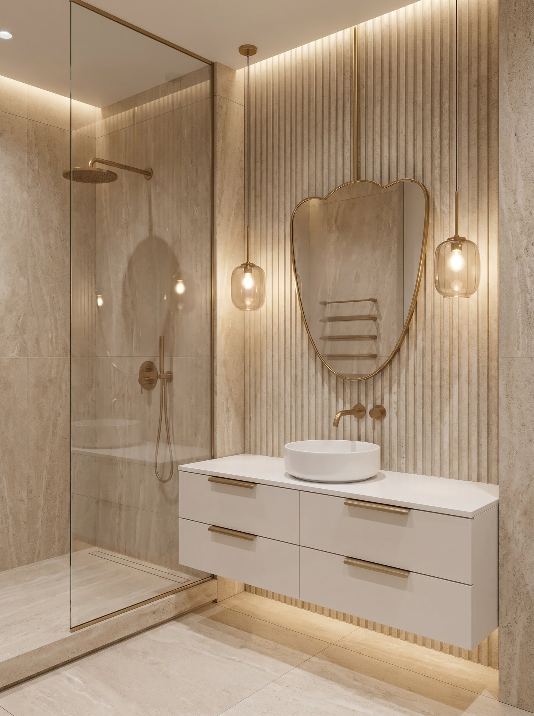 Suspended scalloped brass mirror above a floating white vanity in a luxury stone bathroom.