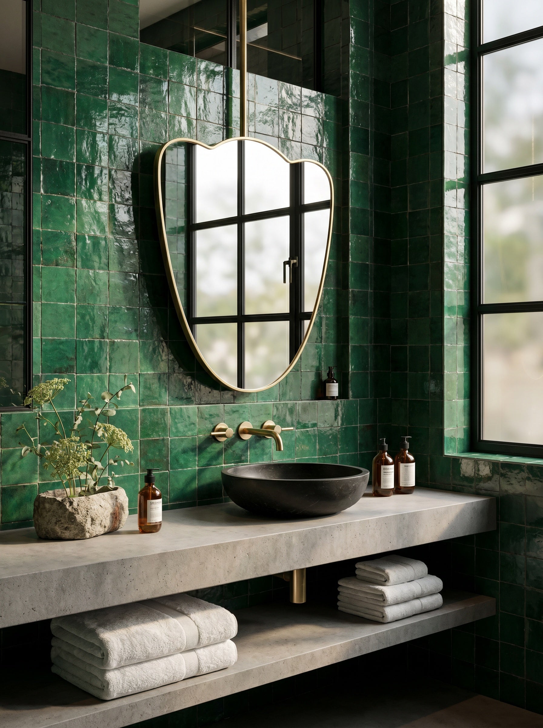 Suspended brass mirror with soft organic curves above a floating stone vanity in a green tiled bathroom.