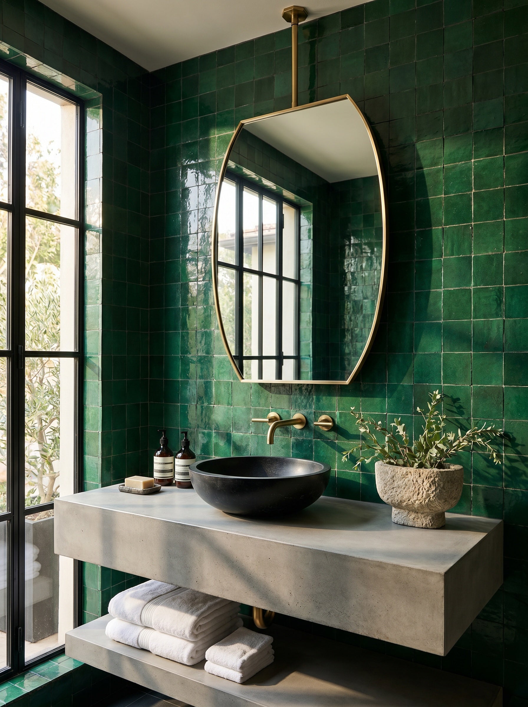 Hanging octagonal brass mirror in a luxury bathroom with emerald green zellige tiles and a black vessel sink.