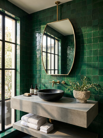 Hanging octagonal brass mirror in a luxury bathroom with emerald green zellige tiles and a black vessel sink.