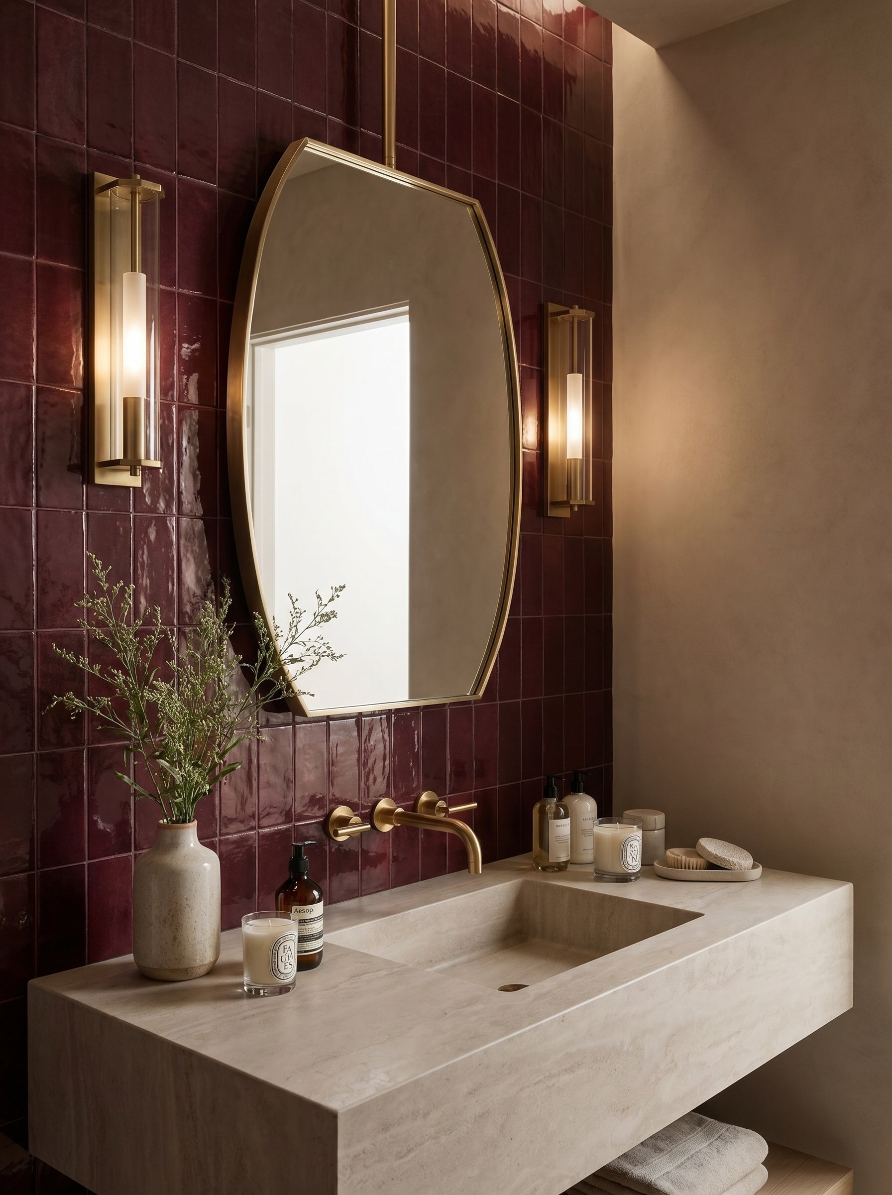Suspended octagonal brass mirror above a stone vanity with burgundy zellige tiles and brass fixtures.