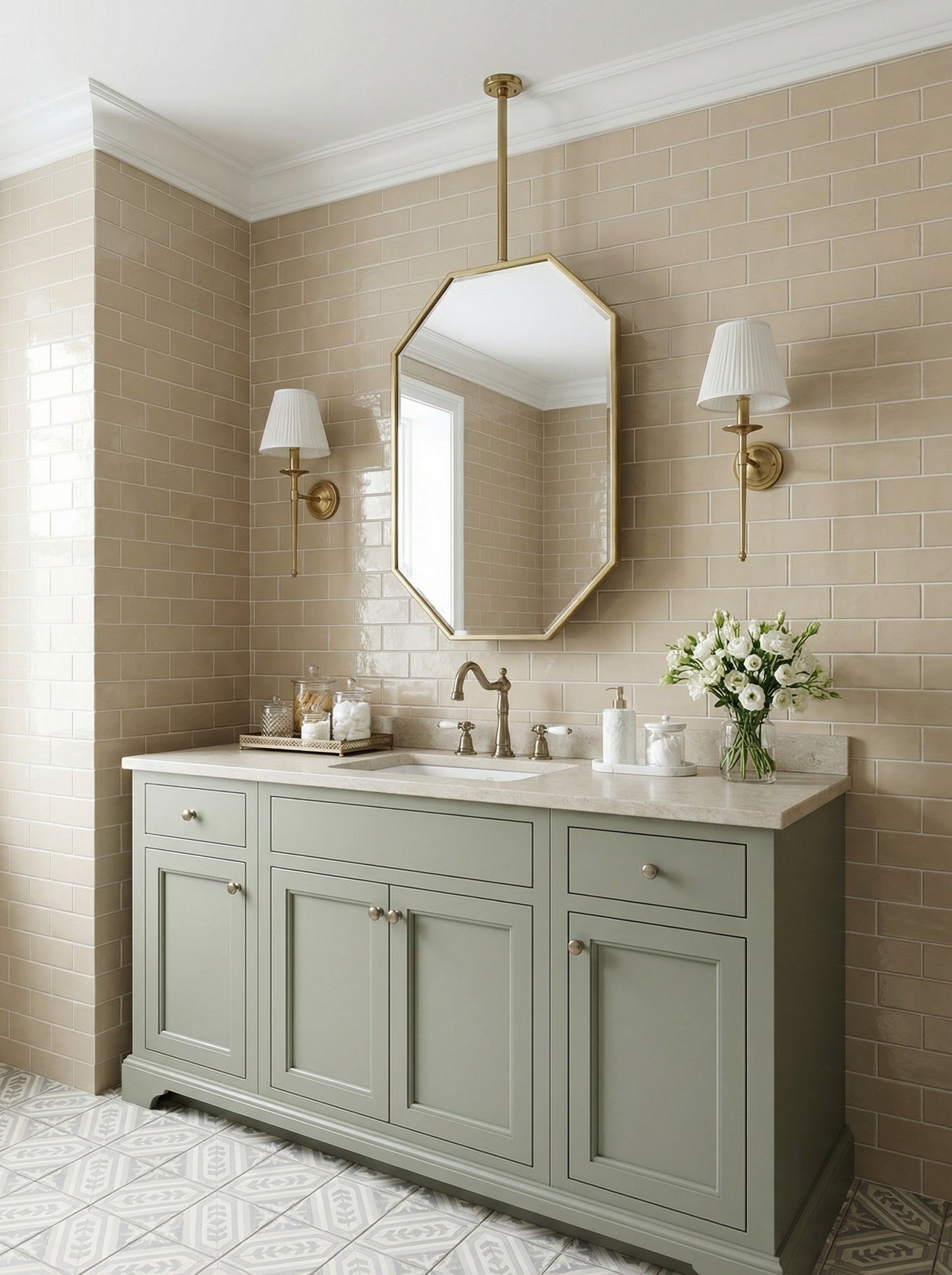Brass octagon mirror above sage green vanity with subway tile walls