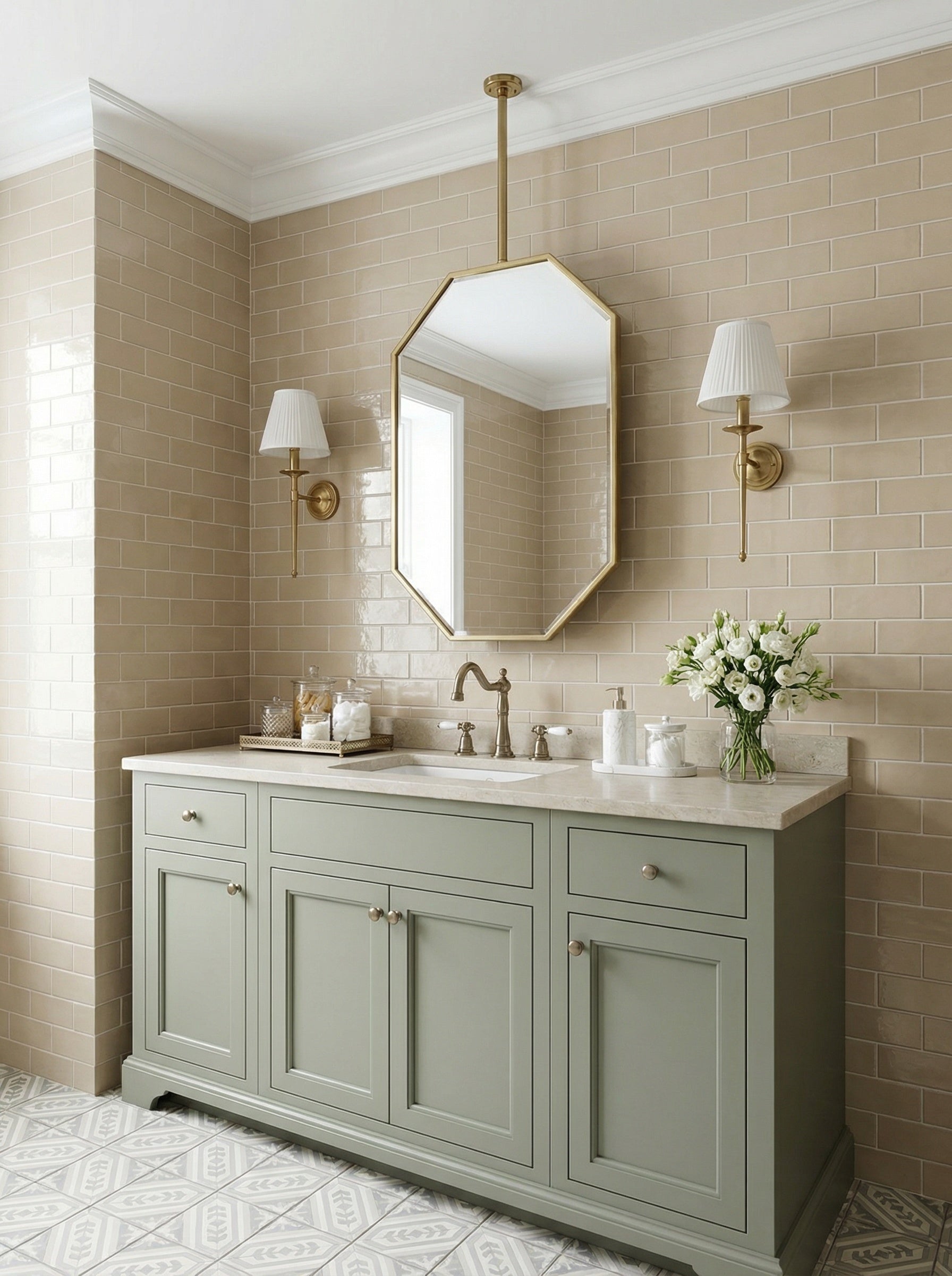 Brass octagon mirror above sage green vanity with subway tile walls