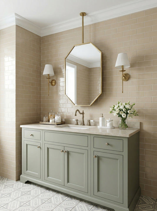 Brass octagon mirror above sage green vanity with subway tile walls