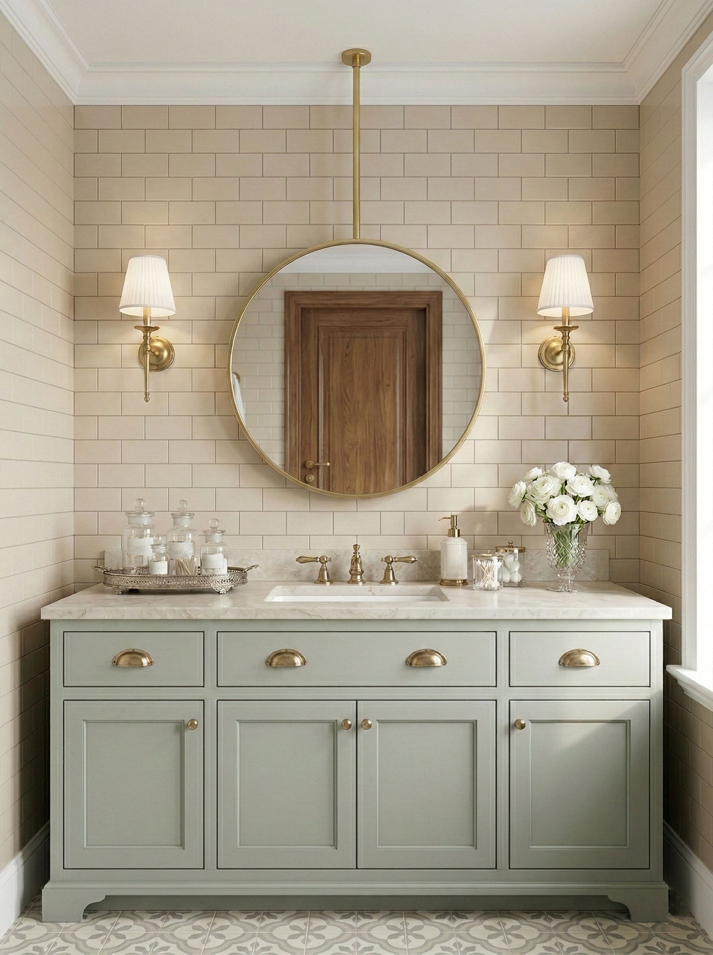 Suspended round brass mirror above bathroom vanity with marble countertop