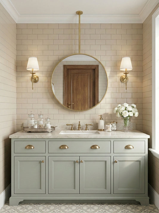 Suspended round brass mirror above bathroom vanity with marble countertop