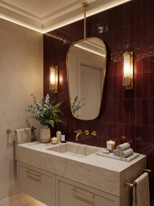 Hanging organic brass mirror in a luxury bathroom with burgundy zellige tiles, stone vanity, and brass sconces.