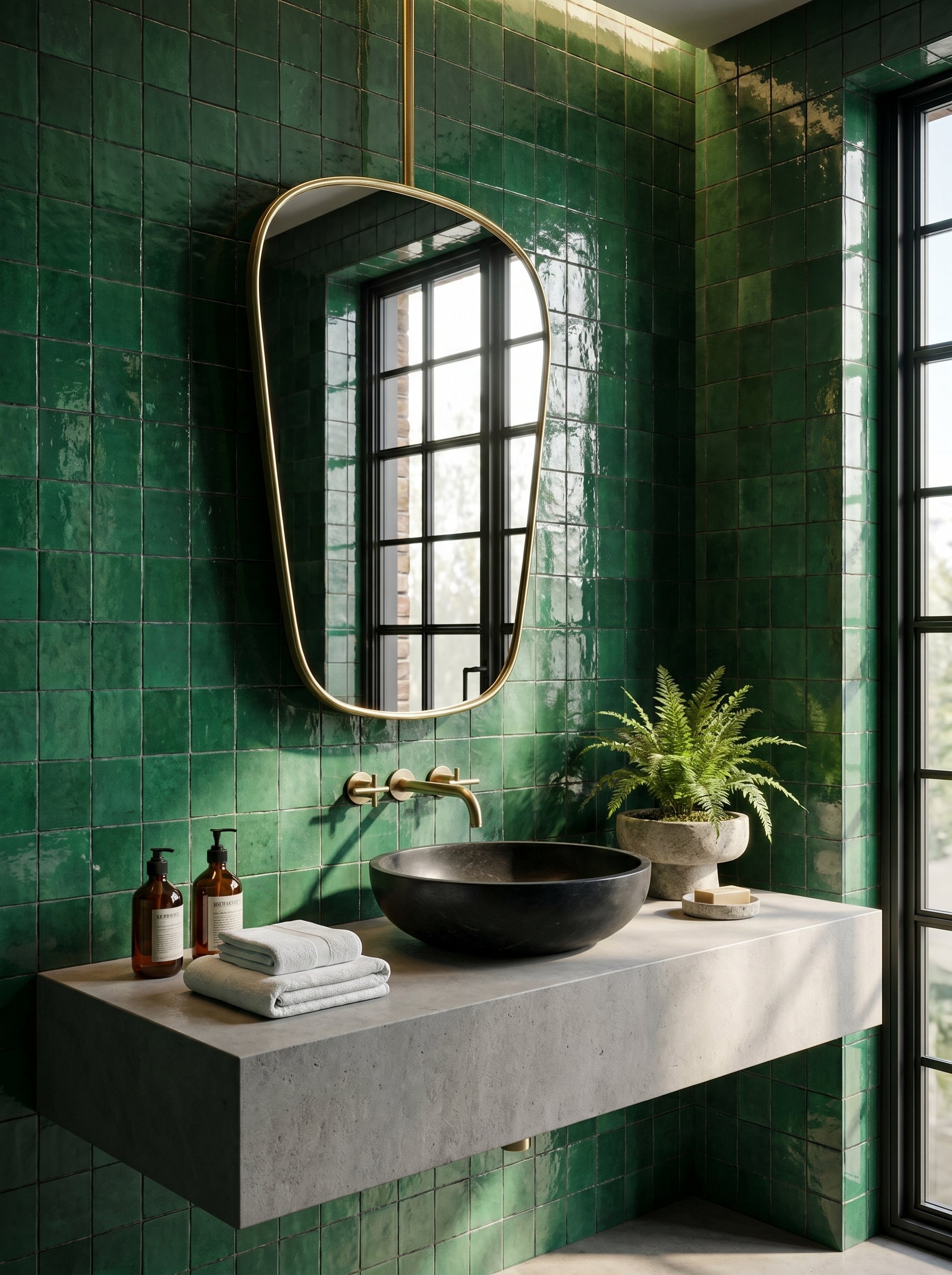 Organic suspended brass mirror above a floating concrete vanity with emerald green zellige tiles and a black vessel sink.