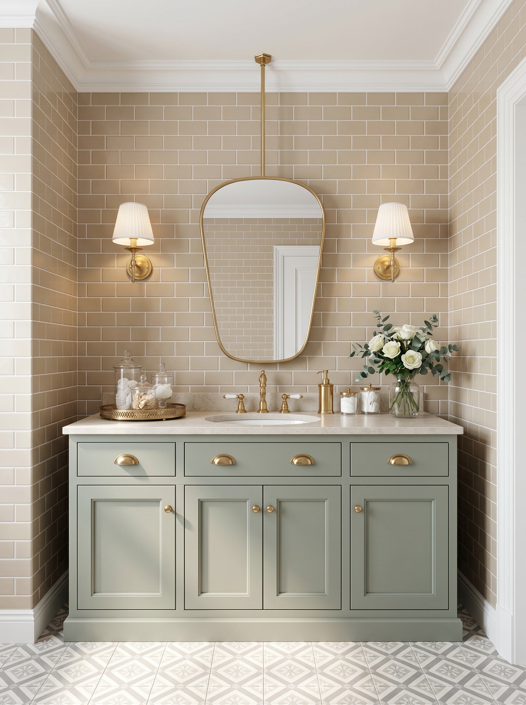Suspended organic brass mirror above a sage green vanity with brass sconces and beige subway tile bathroom walls.