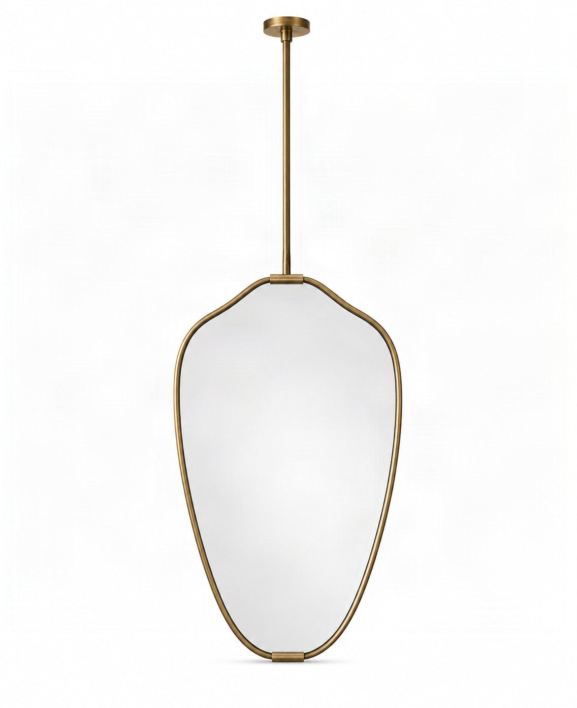 An asymmetrical pendant mirror with a brushed brass or bronze metal frame and a matching ceiling canopy, shown against a plain white background.