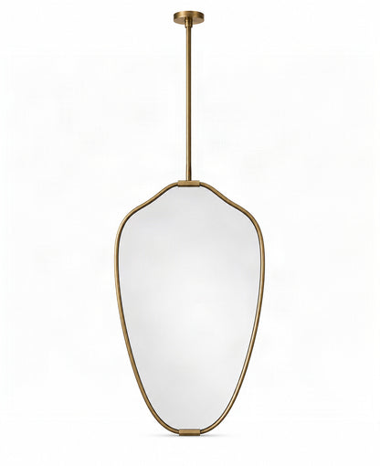 An asymmetrical pendant mirror with a brushed brass or bronze metal frame and a matching ceiling canopy, shown against a plain white background.