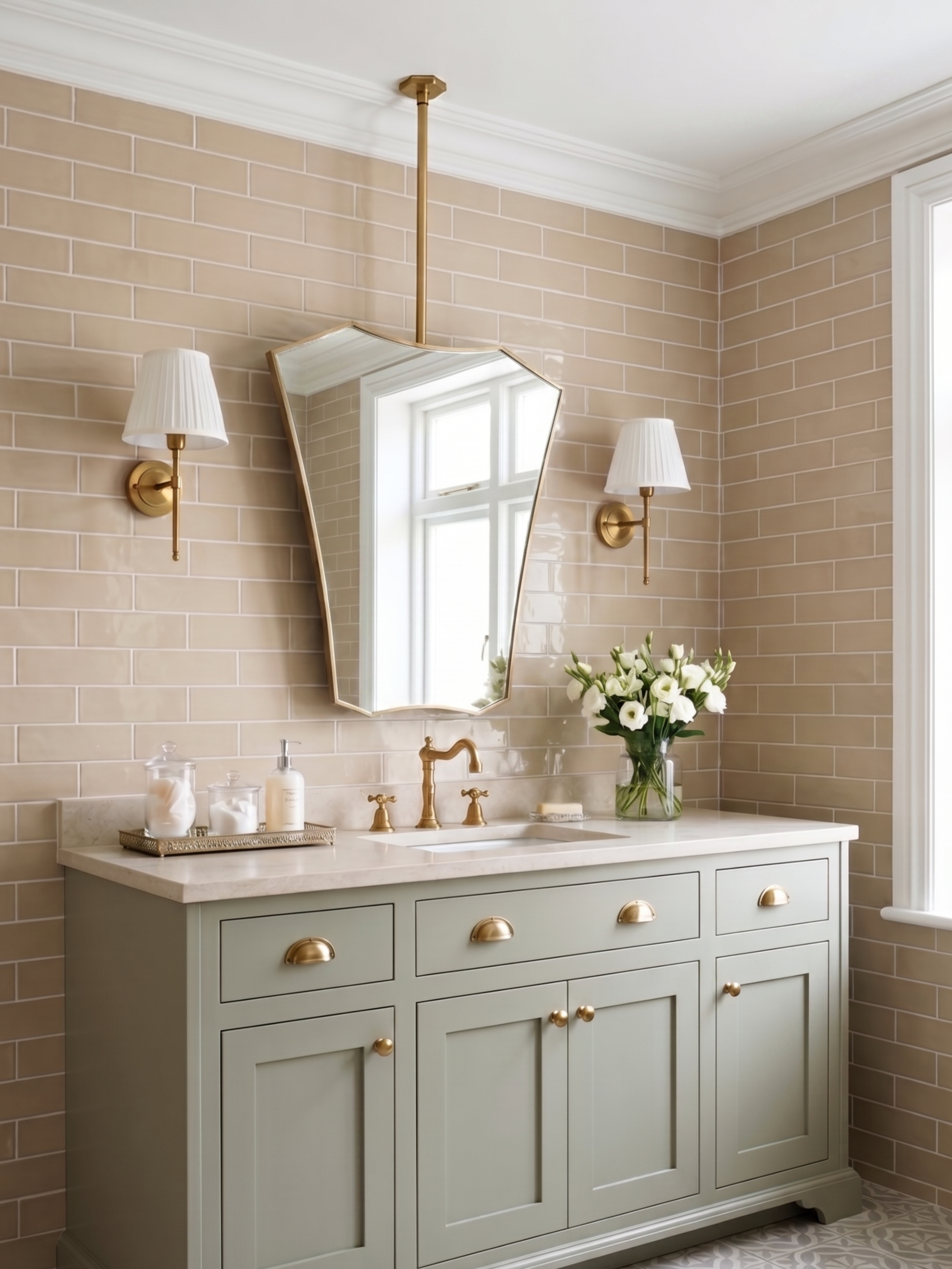 Handmade suspended brass mirror with elegant geometric crest design.