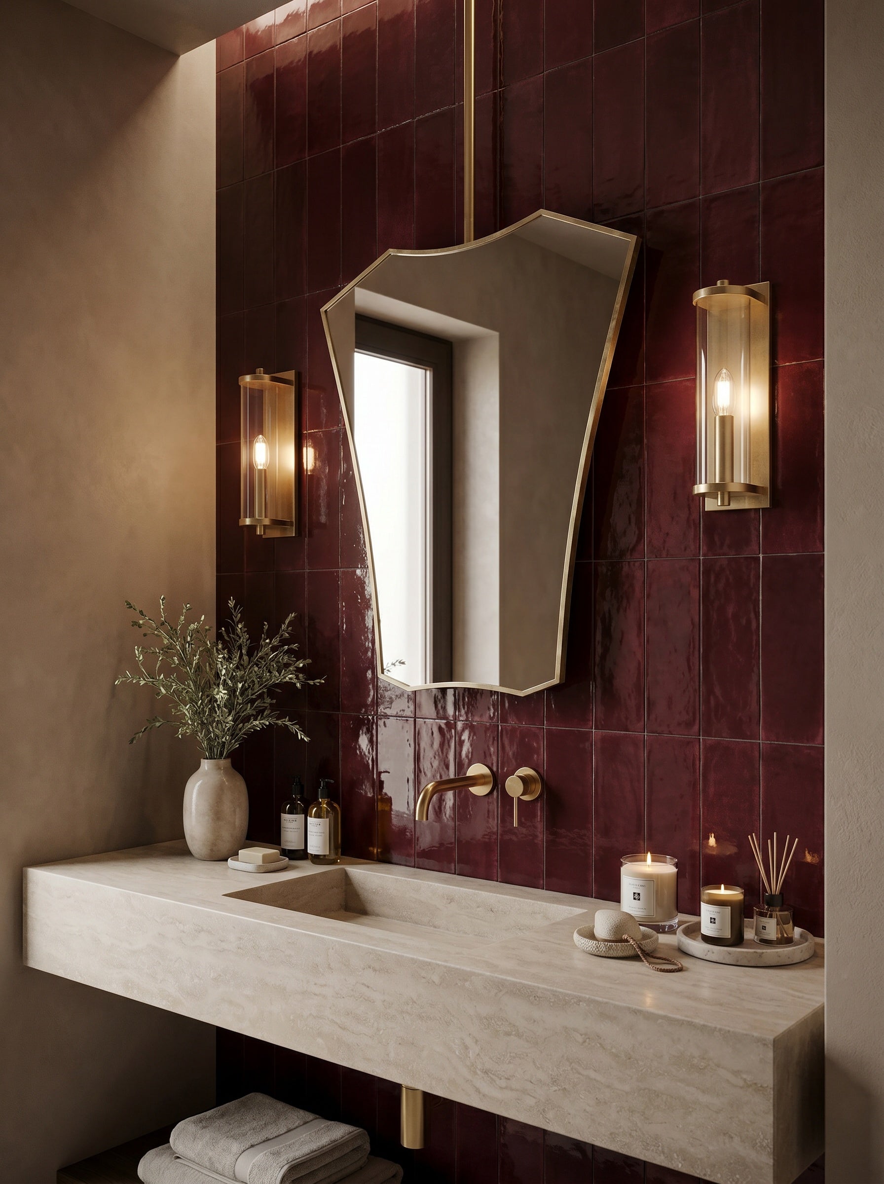 ALT Text: Asymmetrical hanging brass mirror in a luxury bathroom with burgundy zellige tiles, stone vanity, and brass fixtures.