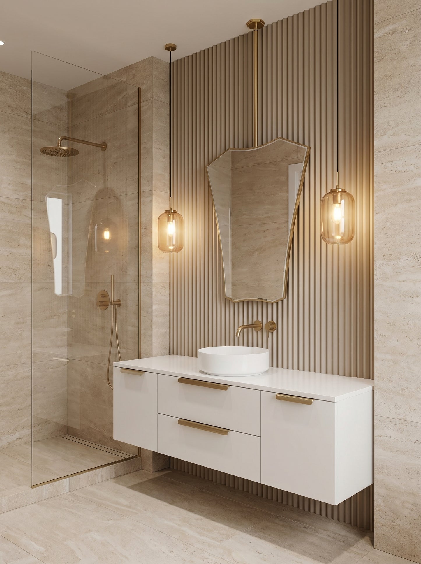 Ceiling-mounted brass mirror with sculptural crest silhouette in a luxury bathroom.